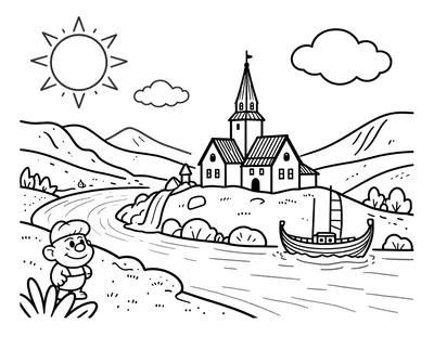 Fargeleggingsark med norsk fjordlandskap, stavkirke, foss, troll og vikingskip.
