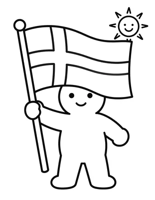 Fargeleggingsark med et stort norsk flagg på stang, holdt av en enkel figur, med en smilende sol i hjørnet.
