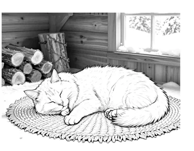 Fargeleggingsark med en norsk skogkatt som sover sammenrullet på et vevd teppe i en hytte, med ved og snødekt vindu bak.