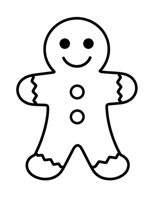 Fargeleggingsark med en stor pepperkakefigur som smiler, med runde knapper på magen og bølgete kanter på armer og bein.