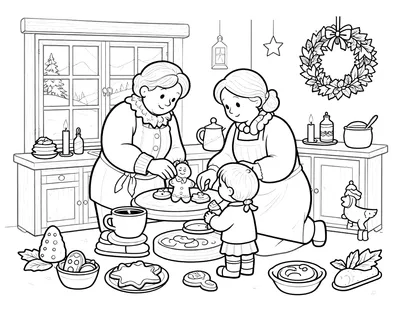 Fargeleggingsark med bestemor og barn som pynter pepperkaker på et julepyntet kjøkken, med snø utenfor vinduet, stearinlys og krans.