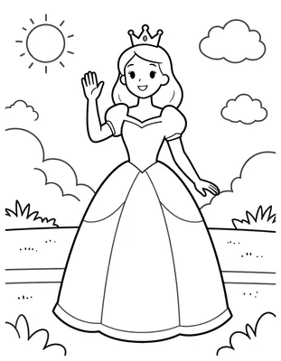 Fargeleggingsark av en prinsesse i ballkjole og krone som vinker fra en bred slottstrapp.
