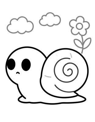 Fargeleggingsark med en stor snegl med spiralskall ved siden av en blomst og to skyer.