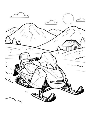 Fargeleggingsark med en snøscooter som kjører over et snødekt platå, med fjell og en hytte i bakgrunnen.