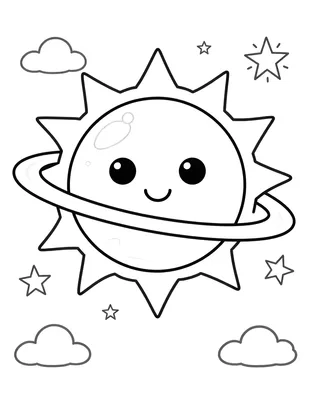 Fargeleggingsark med en smilende sol som har en ring rundt seg, omgitt av stjerner og små skyer.