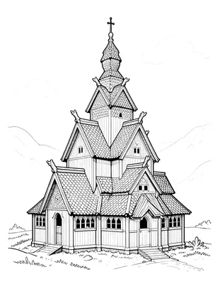Fargeleggingsark av en stavkirke med flere tak, drakehoder på mønet og et kors på toppen, plassert i et fjellandskap.