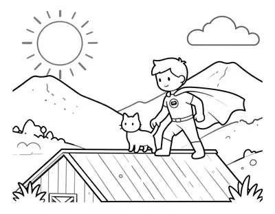 Fargeleggingsark med en ung superhelt i kappe som løfter en katt ned fra taket på en låve, med fjell og sol i bakgrunnen.
