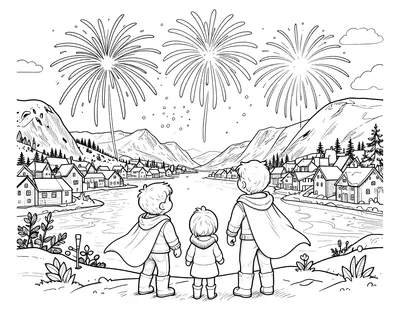 Fargeleggingsark med en superheltfamilie som ser på fyrverkeri over en norsk by på nyttårsaften, med kapper som vaier i vintervinden.