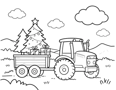 Fargeleggingsark med en traktor som trekker en tilhenger med juletre og julegaver over et snødekt jorde ved en låve.