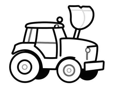 Fargeleggingsark av en stor traktor med frontlaster hevet høyt, sett fra siden.