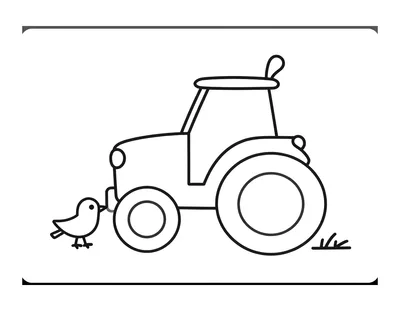 Fargeleggingsark med en liten traktor med store bakhjul som pløyer en åker, med en fugl som følger etter.