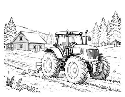 Fargeleggingsark med en realistisk traktor som pløyer en snødekt åker i skumringen, ved en norsk låve og furutrær.