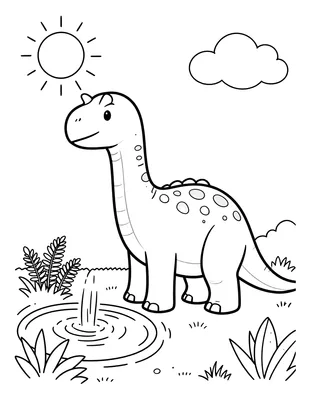 Fargeleggingsark med en triceratops og en langhalset dinosaur som drikker ved et vann med bregner og en liten foss.