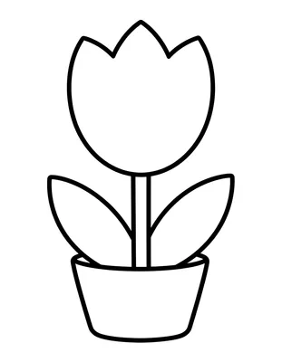 Fargeleggingsark med en stor tulipan i en liten rund potte og to blader på hver side av stilken.