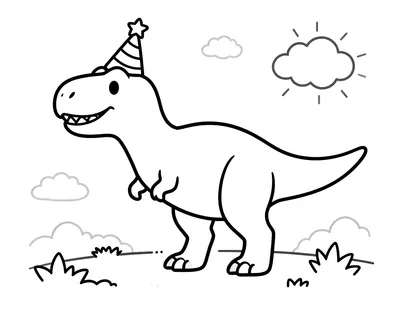 Fargeleggingsark med en blid Tyrannosaurus rex som har på seg bursdagshatt, ved siden av en kake og ballonger i en solrik lysning.