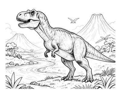 Fargeleggingsark med en detaljert Tyrannosaurus rex som står ved kanten av en elv i en forhistorisk dal med vulkaner og flygende øgler.