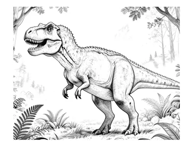 Fargeleggingsark med en realistisk tyrannosaurus rex som går gjennom en tåkete forhistorisk skog med bregner, høye trær og fjell i bakgrunnen.
