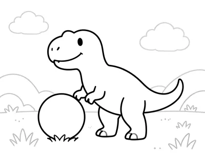Fargeleggingsark med en smilende Tyrannosaurus rex som leker med en stor ball på en gresslette med små bakker bak.