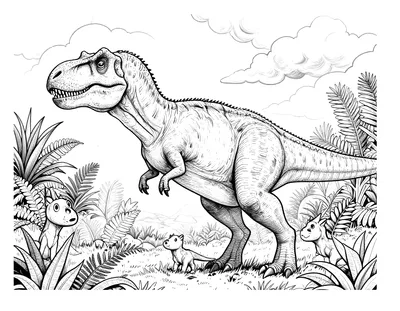 Fargeleggingsark med en realistisk Tyrannosaurus rex som går gjennom en tett bregneskog sammen med to små unger under en dramatisk skyhimmel.