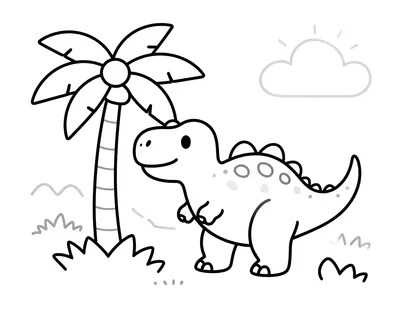 Fargeleggingsark med en glad Tyrannosaurus rex som løper mot et lite dyr ved en palme i jungelen.