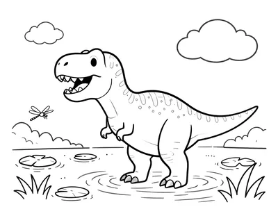 Fargeleggingsark med en glad tyrannosaurus rex som plasker i en grunn innsjø med vannliljer og øyenstikkere rundt seg.
