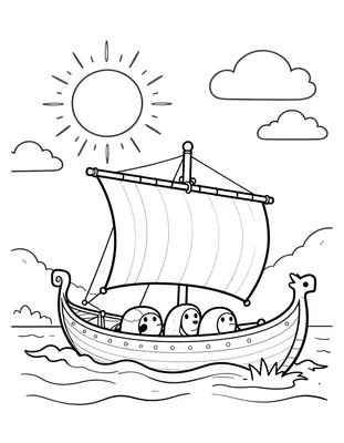 Fargeleggingsark av et vikingskip med dragehode og stripete seil som ror på en fjord på en sommerdag, med sol, skyer og tre personer om bord.